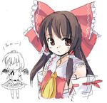  ascot bangs bow brown_hair chibi detached_sleeves hair_bow hair_tubes hakurei_reimu hat long_hair looking_at_viewer multiple_girls red_bow red_eyes red_ribbon ribbon ribbon-trimmed_sleeves ribbon_trim sarashi seo_tatsuya shameimaru_aya shirt short_hair sidelocks simple_background sketch skirt tokin_hat touhou upper_body white_background wings 