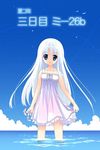  blue_eyes blue_hair child-box cloud day dress horizon long_hair looking_at_viewer ocean original sleeveless sleeveless_dress solo sundress text_focus very_long_hair wading water white_dress 