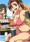  2girls armpits beach between_thighs bikini black_hair blanket blue_eyes blush_stickers breasts brown_hair character_request cirima cleavage copyright_request cup curvy day eyebrows food green_hair hands_clasped happy kneeling large_breasts long_hair makizushi multiple_girls obentou ocean off_shoulder open_clothes open_shirt outdoors own_hands_together ponytail pov red_eyes shirt short_hair side-tie_bikini sky smile sushi swimsuit 