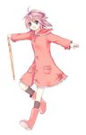  :d ahoge boots closed_umbrella coat open_mouth original outstretched_arms pink_eyes pink_footwear pink_hair raincoat rubber_boots short_hair smile solo spread_arms umbrella usashiro_mani 