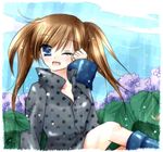  1girl blue_eyes boots brown_hair leaf long_hair looking_at_viewer lowres one_eye_closed original outdoors polka_dot rain raincoat sitting sky solo soumoto_mina twintails 