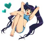  armpits arms_up barefoot bikini fang feet green_eyes heart kiyal long_hair lowres lying on_back purple_hair solo sports_bikini swimsuit takeda_hiromitsu tengen_toppa_gurren_lagann twintails 