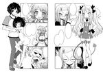  4girls astarotte_ygvar blank_speech_bubble comic demon_tail dress elfleda_mirjasdottir gloves greyscale haga_yui hair_ribbon hands_on_hips judit_snorrevik looking_at_viewer lotte_no_omocha! monochrome multiple_boys multiple_girls olav_frithmar ribbon speech_bubble standing tail touhara_asuha touhara_naoya 