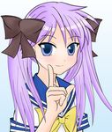  bow hair_bow hair_ribbon hiiragi_kagami lucky_star nanami_tabasa pointing pointing_up purple_eyes purple_hair ribbon ryouou_school_uniform school_uniform serafuku solo twintails upper_body yellow_neckwear 