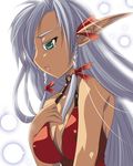  braid breasts cleavage copyright_request dark_skin green_eyes large_breasts pointy_ears solo tajima_yoshikazu tears 