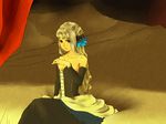  bed bed_sheet black_dress brown_eyes collarbone detached_sleeves dress gwendolyn hair_down long_hair long_sleeves looking_at_viewer odin_sphere on_bed silver_hair sitting solo strapless strapless_dress tanmomo_(rcw) 