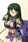  armor artist_request breasts cleavage cleavage_cutout covered_nipples facial_mark forehead_mark gloves green_hair large_breasts long_hair ouka_nagisa shoulder_pads solo super_robot_wars super_robot_wars_original_generation yellow_eyes 