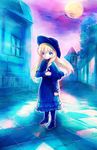  blonde_hair blue_eyes boots cosette dress full_moon les_miserables long_hair looking_at_viewer moon night osamu solo tiles yellow_moon 