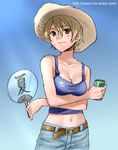  belt breast_hold breasts brown_eyes can cleavage crossed_arms fan hat large_breasts light_brown_hair mattaku_mousuke midriff navel original paper_fan short_hair smile solo sun_hat sweat tank_top uchiwa 