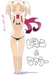  barefoot bikini blonde_hair breasts cleavage lowleg lowleg_bikini nora_higuma original scarf short_hair small_breasts smile solo swimsuit thigh_gap translated twintails 