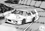  car drifting fei_(maidoll) greyscale ground_vehicle mazda_rx-7 monochrome motor_vehicle original 