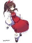  between_fingers bow brown_hair dated detached_sleeves full_body hair_bow hakurei_reimu half_updo looking_at_viewer obscur ofuda ponytail short_hair sidelocks simple_background skirt smile solo standing touhou 