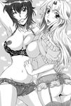  bra breast_press breasts denim denim_shorts garter_belt greyscale hanzaki_jirou large_breasts lingerie long_hair monochrome multiple_girls nipples one_eye_closed original shirt_lift short_hair shorts smile thighhighs underwear 