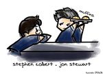  chibi colbert_report food formal glasses jon_stewart k.a._rose male_focus muffin multiple_boys necktie stephen_colbert suit the_daily_show 