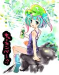  boots kawashiro_nitori looking_back multicolored_hair one-piece_swimsuit pepsi pepsi_ice_cucumber rock school_swimsuit shige soda solo swimsuit touhou two_side_up water 