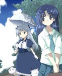  aki_masanari bag blue_dress blue_eyes blue_hair blue_skirt blush cat checkered checkered_neckwear checkered_skirt cloud cloudy_sky day dog dress frills gloves grey_eyes long_hair multiple_girls original parasol park shirt skirt sky umbrella white_shirt 