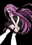  arms_behind_back black_background frapowa from_below gloves long_hair looking_at_viewer looking_back lutecia_alpine lyrical_nanoha magical_girl mahou_shoujo_lyrical_nanoha_strikers profile simple_background solo thighhighs v_arms very_long_hair white_legwear zettai_ryouiki 