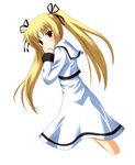  blonde_hair cropped_legs dress dutch_angle fate_testarossa hair_ribbon long_hair long_sleeves looking_at_viewer lyrical_nanoha mahou_shoujo_lyrical_nanoha mahou_shoujo_lyrical_nanoha_a's no_legwear odayan red_eyes ribbon school_uniform seishou_elementary_school_uniform solo standing twintails uniform white_dress 