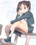  amasawa_yuuko brown_hair crossed_legs dennou_coil desk glasses glitch short_hair sitting solo twintails uni 