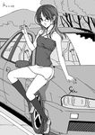  car fei_(maidoll) glasses greyscale ground_vehicle legs monochrome motor_vehicle original pencil_skirt skirt solo 