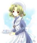  apron blonde_hair cup eliza_lancaster hat maid red_eyes sapphism_no_gensou shima_yukiwa smile solo teacup tray 