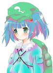  backpack bag blue_hair blush hair_bobbles hair_ornament hat kawashiro_nitori key pocket shige simple_background solo touhou two_side_up upper_body 