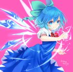  1girl artist_name bangs blue_dress blue_eyes blue_hair blush bow chikuwa_savi cirno commentary_request cowboy_shot dress eyebrows_visible_through_hair green_bow grin hair_between_eyes hair_bow ice ice_wings looking_at_viewer neck_ribbon pinafore_dress pink_background puffy_short_sleeves puffy_sleeves red_neckwear red_ribbon ribbon shirt short_hair short_sleeves simple_background smile solo touhou twitter_username v-shaped_eyebrows white_shirt wings 