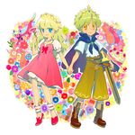  1girl blonde_hair blue_eyes boots brooch bunny cake cape cat couple crown dress earrings flower food hetero holding_hands jewelry long_hair necklace orange_eyes original ribbon smile sword ukke weapon 