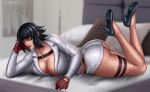  1girl ass bangs belt belt_buckle black_hair breasts buckle cleavage curvy devil_may_cry devil_may_cry_4 flowerxl gloves high_heels hips lady_(devil_may_cry) large_breasts legs looking_at_viewer lying on_stomach shiny shiny_hair shiny_skin short_hair short_shorts shorts smile solo sunglasses thck_thighs thighs 