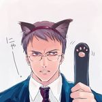  animal_ears artist_request cat_ears cat_paws copyright_request formal glasses male_focus paws solo suit what 