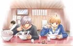  2boys ahoge air bowl chopsticks company_connection crossover eating food hair_over_one_eye kanon key_(company) kitagawa_jun kunisaki_yukito male_focus misaki_juri multiple_boys noodles ramen steam 