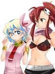  bikini_top bracelet breasts cleavage dress flower hair_flower hair_ornament jewelry large_breasts lowres midriff mudo_(saji) multicolored_hair multiple_girls nia_teppelin pink_dress ponytail red_hair scarf short_hair shorts small_breasts tengen_toppa_gurren_lagann yoko_littner 