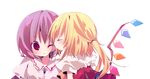  ana_(rznuscrf) blonde_hair blush closed_eyes flandre_scarlet kiss multiple_girls no_hat no_headwear one_eye_closed one_side_up ponytail purple_hair red_eyes remilia_scarlet siblings simple_background sisters touhou upper_body wings 