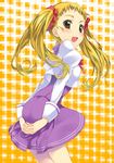  ass ass_grab kasugano_urara_(yes!_precure_5) l'ecole_des_cinq_lumieres_school_uniform mizuki_makoto precure purple_skirt skirt solo yellow_background yes!_precure_5 