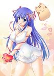  arin blue_eyes blue_hair breast_squeeze breasts cleavage covered_nipples dress flower gift hair_flower hair_ornament hair_ribbon heart holding holding_gift kawase_seiki large_breasts leaning_forward legs long_hair no_panties open_mouth pangya ribbon see-through smile solo thighs 