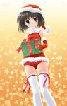  artist_request black_hair blue_eyes christmas copyright_request elbow_gloves gift gloves hat holding holding_gift looking_at_viewer red_gloves ribbon-trimmed_legwear ribbon_trim santa_costume santa_hat smile solo thighhighs white_legwear 