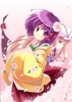  blonde_hair cherry_blossoms eyes flower gap hat hieda_no_akyuu japanese_clothes multiple_girls purple_eyes purple_hair touhou touya_(the-moon) yakumo_yukari 