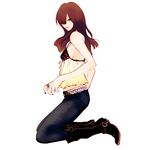  bad_id bad_pixiv_id belt black_nails boots brown_hair copyright_request denim fashion hair_over_one_eye jeans jewelry kneeling lingerie long_hair nail_polish negligee pants ring solo studded_belt takenaka underwear 