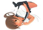  black_legwear black_skirt brown_eyes brown_hair copyright_request kiriman_(souldeep) kneehighs looking_at_viewer lying on_side pleated_skirt school_uniform serafuku short_sleeves simple_background skirt smile solo teeth white_background 