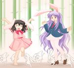  animal_ears barefoot black_hair bunny bunny_ears inaba_tewi long_hair multiple_girls purple_hair reisen_udongein_inaba saiba short_hair skirt thighhighs too_many too_many_bunnies touhou 