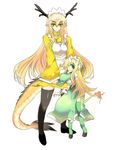  aoguu aqua_eyes bad_id bad_pixiv_id blonde_hair dragon_girl fire futaba_channel hooves horns kirin_(nijiura_maid) kouryuu_(nijiura_maid) long_hair maid_headdress monster_girl multiple_girls nijiura_maids pointy_ears simple_background tail tail-tip_fire thighhighs very_long_hair yellow_eyes 