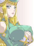  blonde_hair blue_eyes breast_rest breasts covered_nipples freya_(valkyrie_profile) huge_breasts long_hair lowres solo valkyrie_profile watarabe_keiichi 