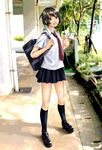  bag brown_hair legs necktie original road sakebuotoko school_uniform serafuku shoes short_hair skirt smile solo 