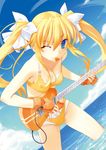  beach bikini blonde_hair blue_eyes day dutch_angle fingerless_gloves gloves guitar hair_ribbon himukai_kyousuke instrument long_hair mouth_hold ocean one_eye_closed original outdoors ribbon solo swimsuit twintails wading water 