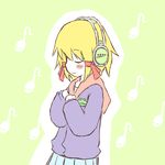  alternate_costume any_(lucky_denver_mint) bad_id bad_pixiv_id blonde_hair closed_eyes contemporary eighth_note hair_ribbon headphones hood hoodie listening_to_music moriya_suwako musical_note ribbon short_hair solo tadpole touhou 