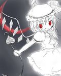  crescent_moon fang flandre_scarlet grey_background hat laevatein monochrome moon red_eyes red_moon ribbon short_hair solo spot_color suzu_(yumesora) touhou wings 
