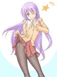  crossdressing happiness! jon_shicchiou long_hair male_focus one_eye_closed otoko_no_ko pantyhose pinky_out purple_eyes purple_hair school_uniform skirt skirt_lift solo thighs very_long_hair watarase_jun 