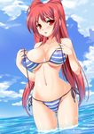  :p bikini blush breasts covered_nipples day kawase_seiki kousaka_tamaki large_breasts long_hair looking_at_viewer navel red_eyes red_hair side-tie_bikini solo string_bikini striped striped_bikini swimsuit to_heart_2 tongue tongue_out undressing wading water wide_hips 