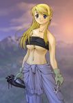  artist_request bandeau blonde_hair blue_eyes breasts collarbone earrings fullmetal_alchemist gloves jewelry large_breasts long_hair midriff navel smile solo strapless tubetop underboob winry_rockbell wrench 