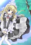  blonde_hair maid original pantyhose solo white_legwear wind wind_lift yuugiri 